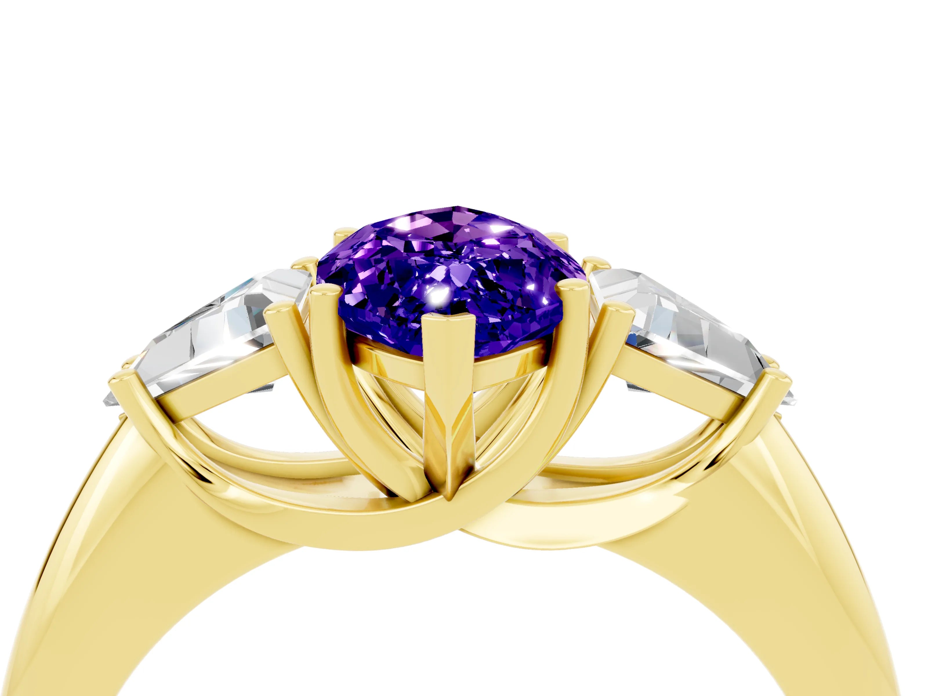 Yellow gold Three-Stone Marquise Cut Cut Diamond Ring with Trillion Side Stones and Four-Prong Setting_4