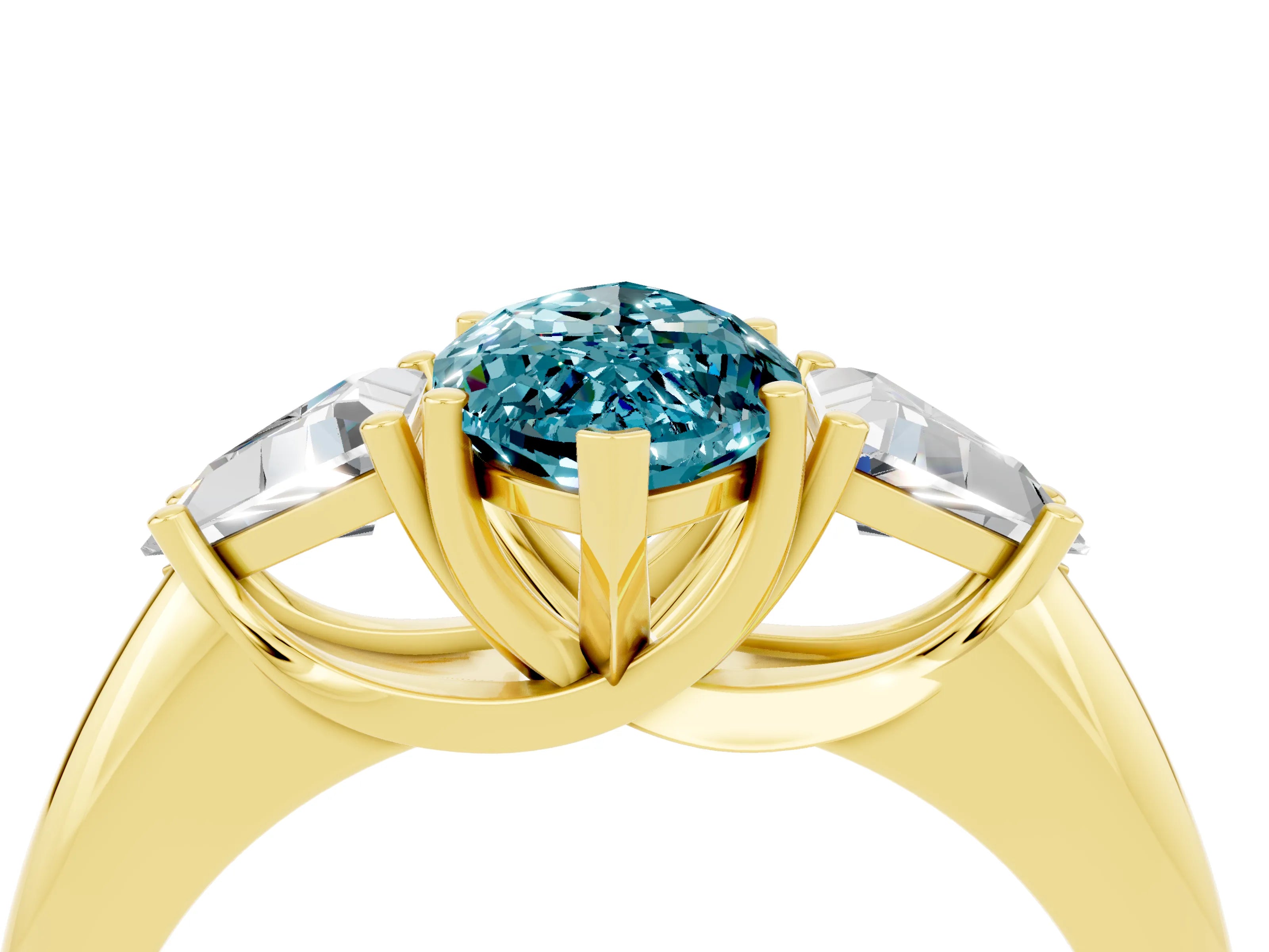 Yellow gold Three-Stone Marquise Cut Cut Diamond Ring with Trillion Side Stones and Four-Prong Setting_4
