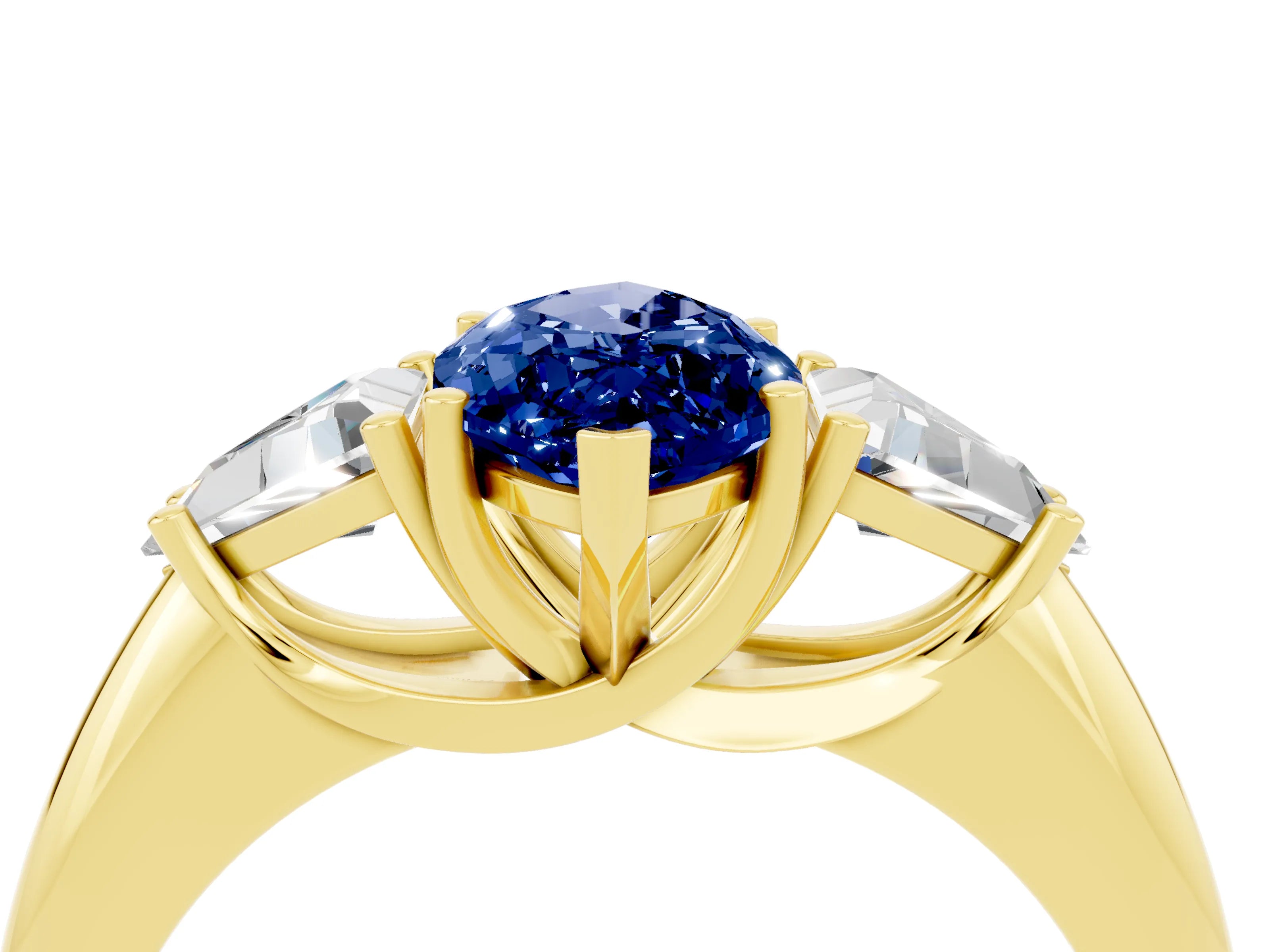 Yellow gold Three-Stone Marquise Cut Cut Diamond Ring with Trillion Side Stones and Four-Prong Setting_4