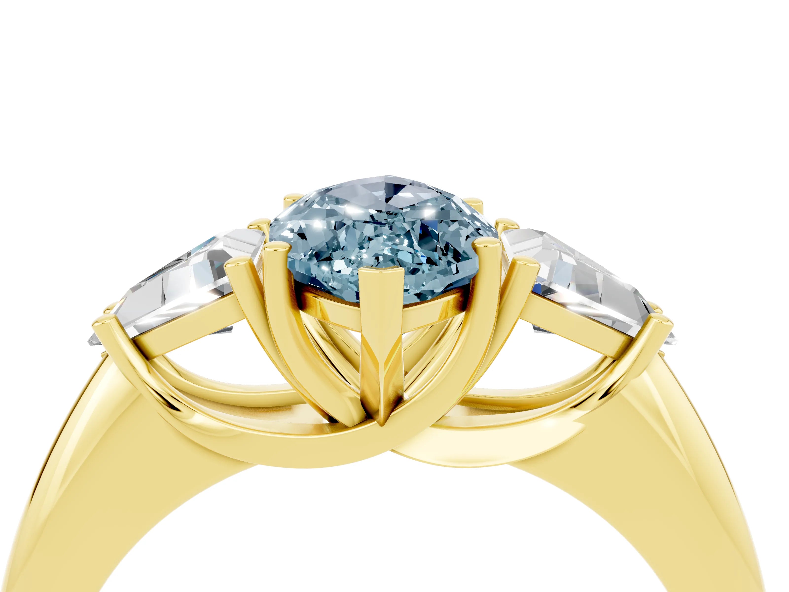 Yellow gold Three-Stone Marquise Cut Cut Diamond Ring with Trillion Side Stones and Four-Prong Setting_4