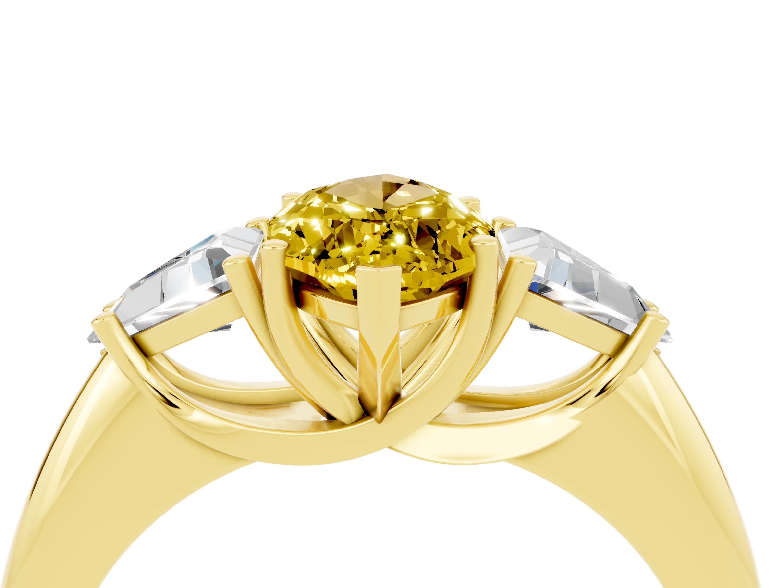 Yellow gold Three-Stone Marquise Cut Cut Diamond Ring with Trillion Side Stones and Four-Prong Setting_4