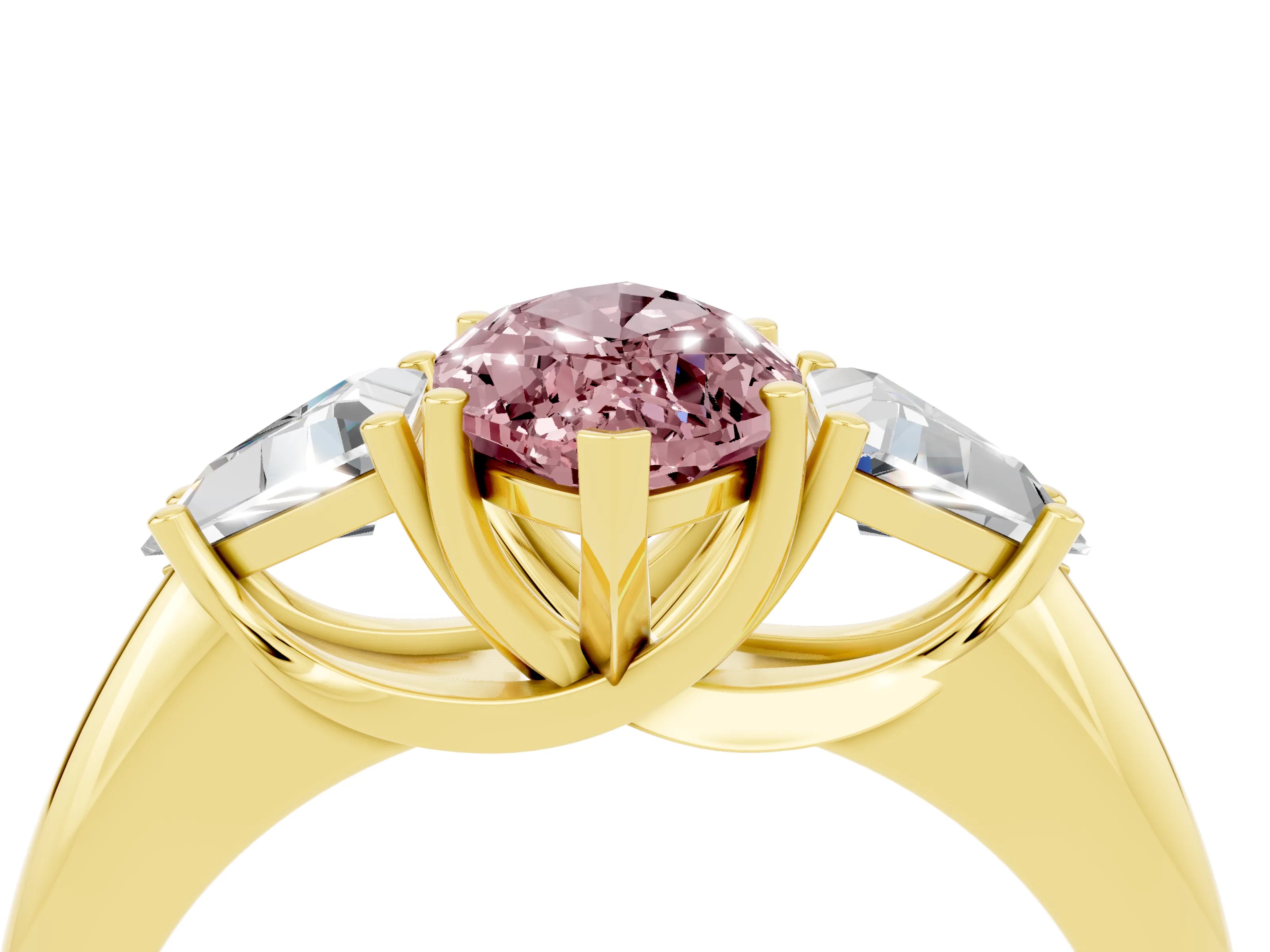 Yellow gold Three-Stone Marquise Cut Cut Diamond Ring with Trillion Side Stones and Four-Prong Setting_4