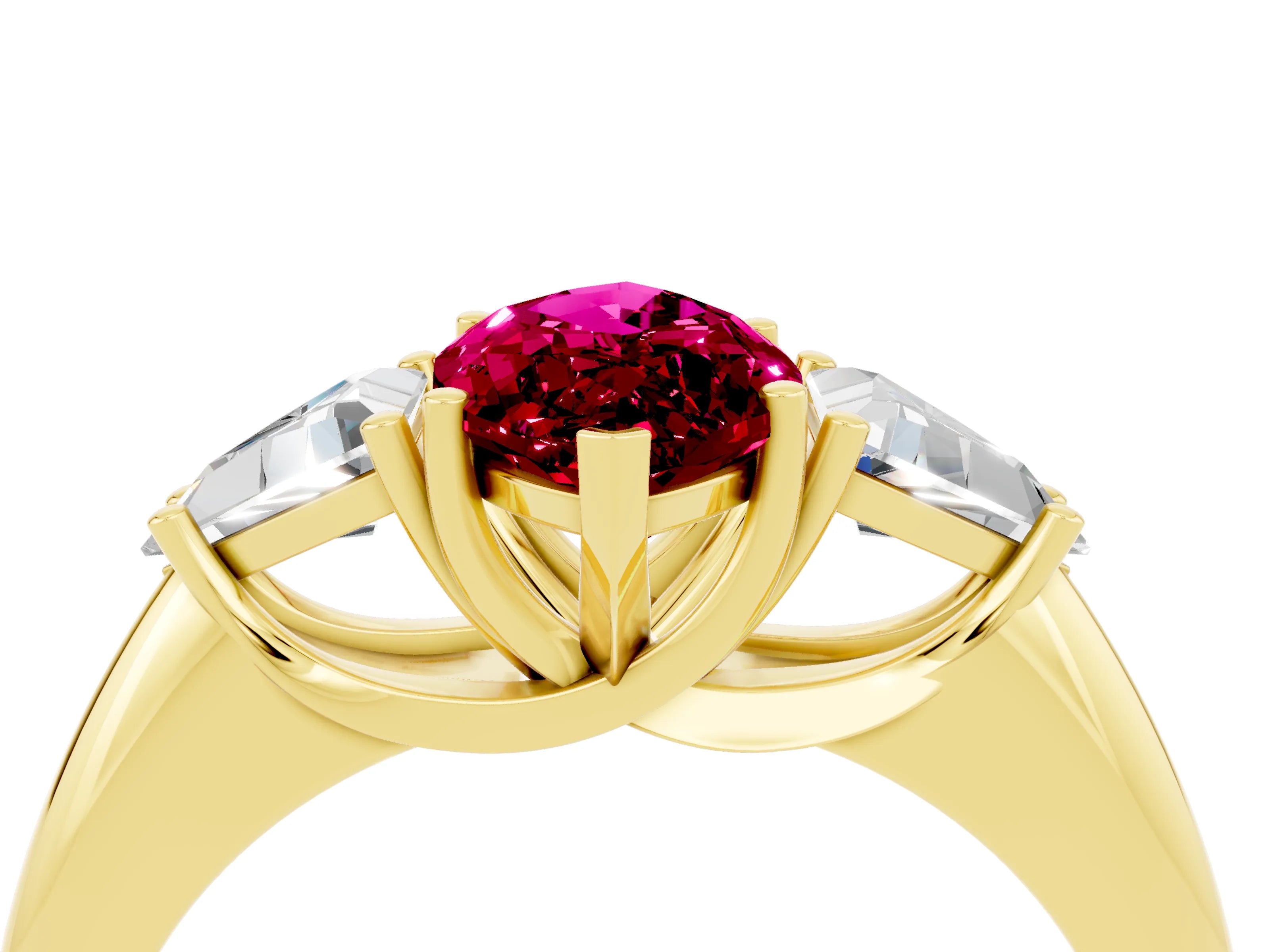 Yellow gold Three-Stone Marquise Cut Cut Diamond Ring with Trillion Side Stones and Four-Prong Setting_4