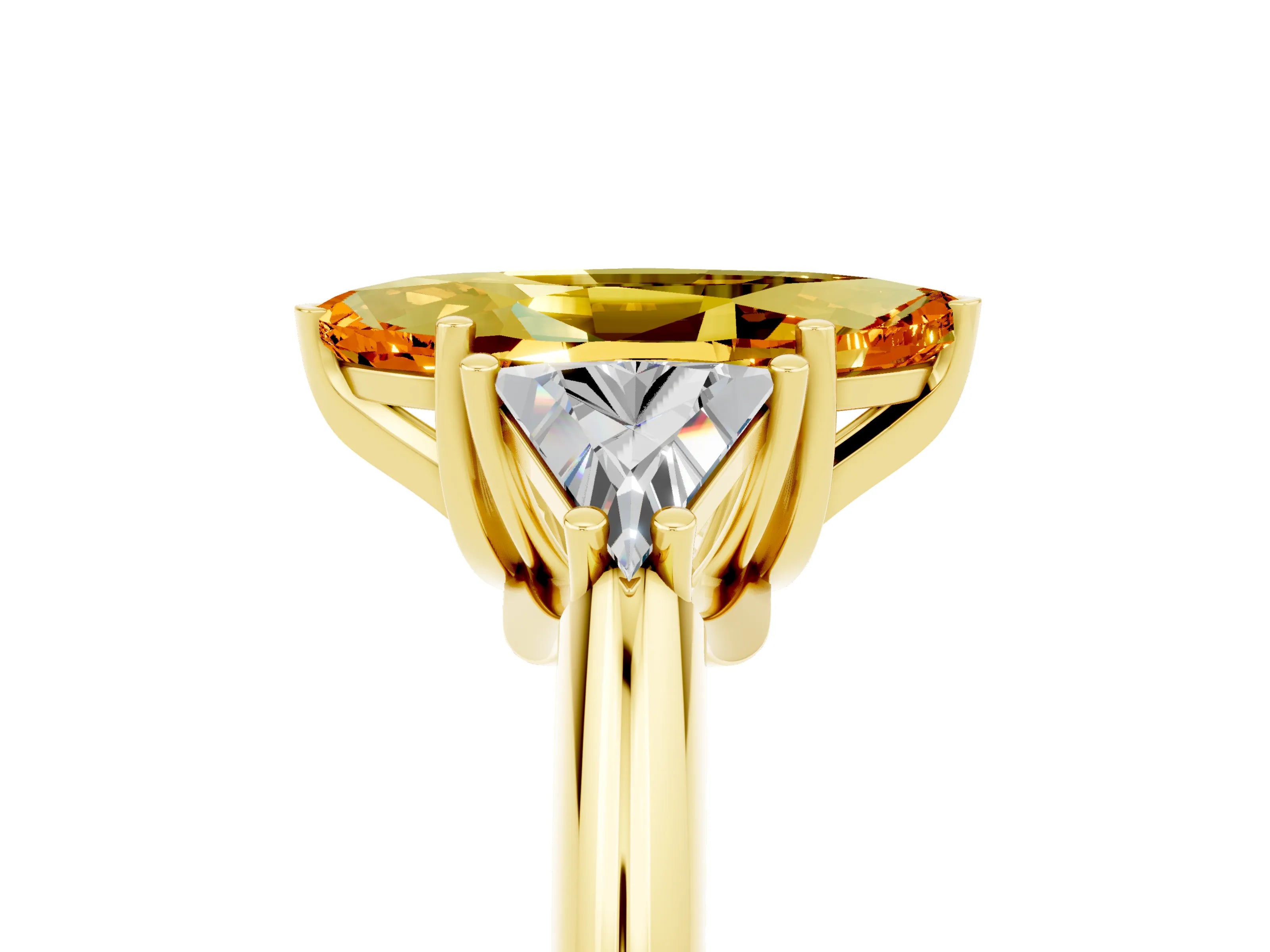 Yellow gold Three-Stone Marquise Cut Cut Diamond Ring with Trillion Side Stones and Four-Prong Setting_5