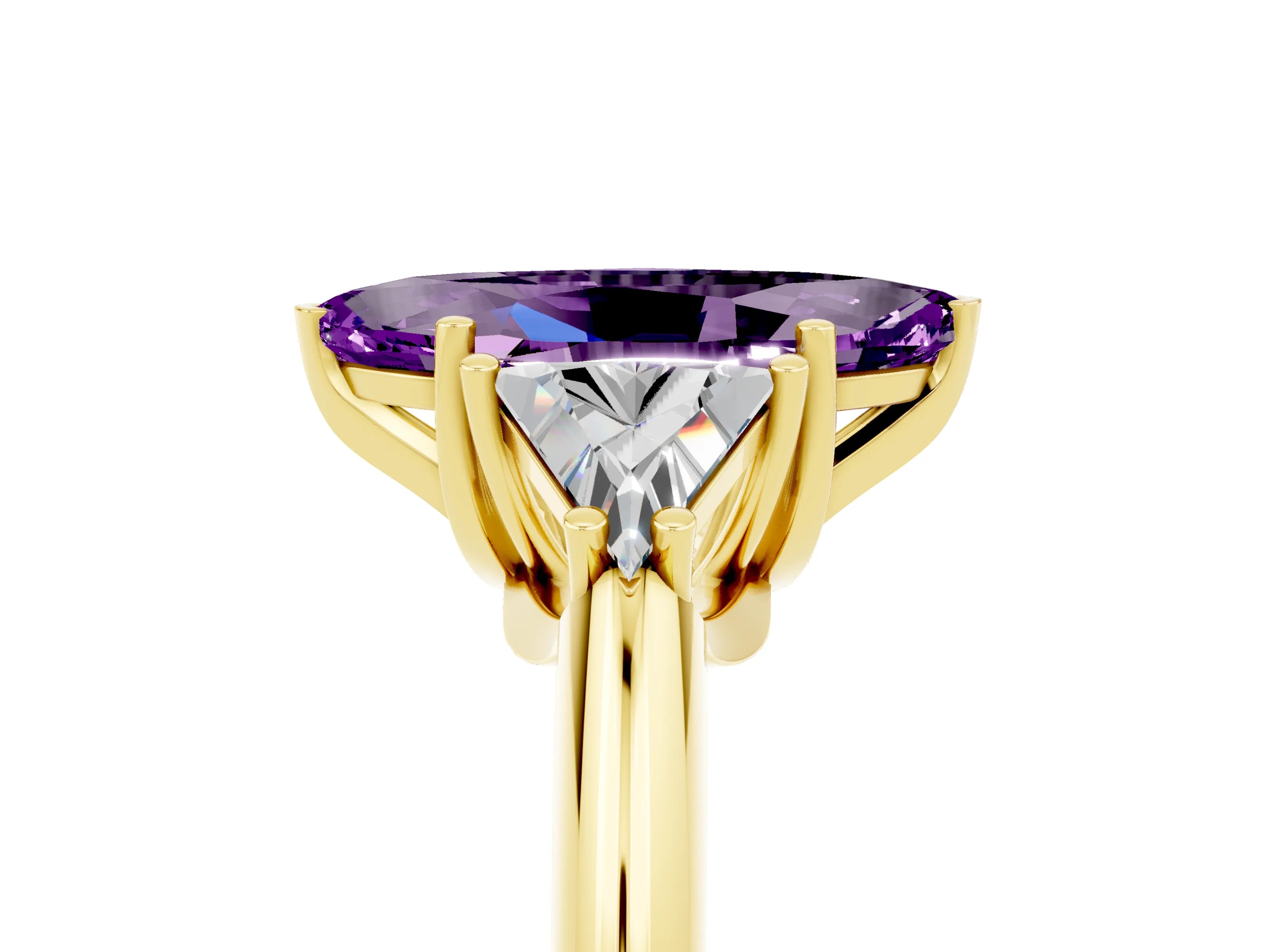 Yellow gold Three-Stone Marquise Cut Cut Diamond Ring with Trillion Side Stones and Four-Prong Setting_5