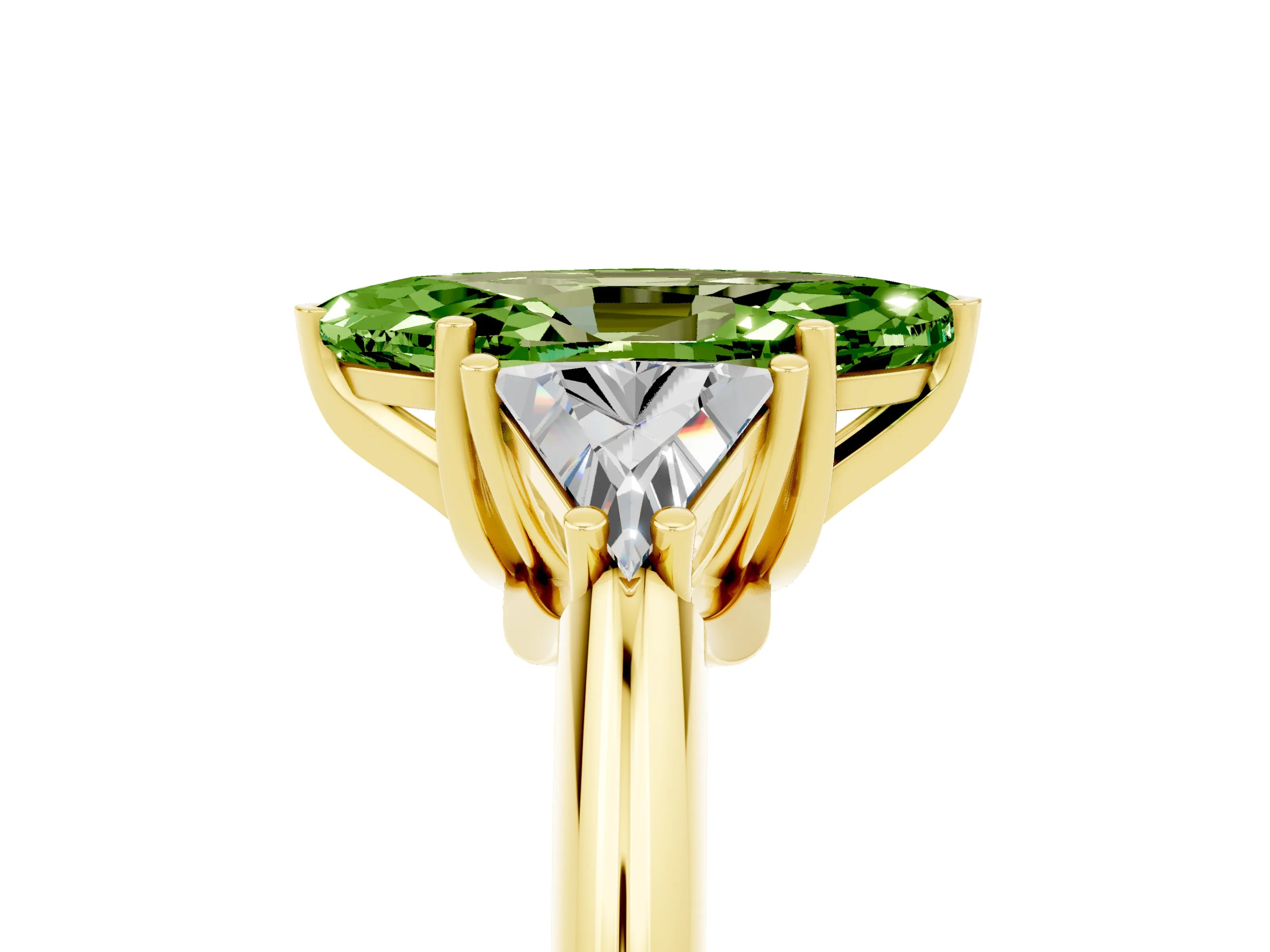 Yellow gold Three-Stone Marquise Cut Cut Diamond Ring with Trillion Side Stones and Four-Prong Setting_5