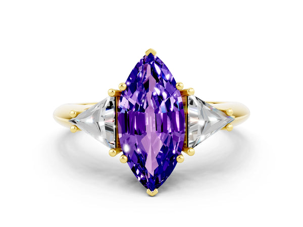 Yellow gold Three-Stone Marquise Cut Tanzanite Engagement Ring with Trillion Side Stones and Prong Setting