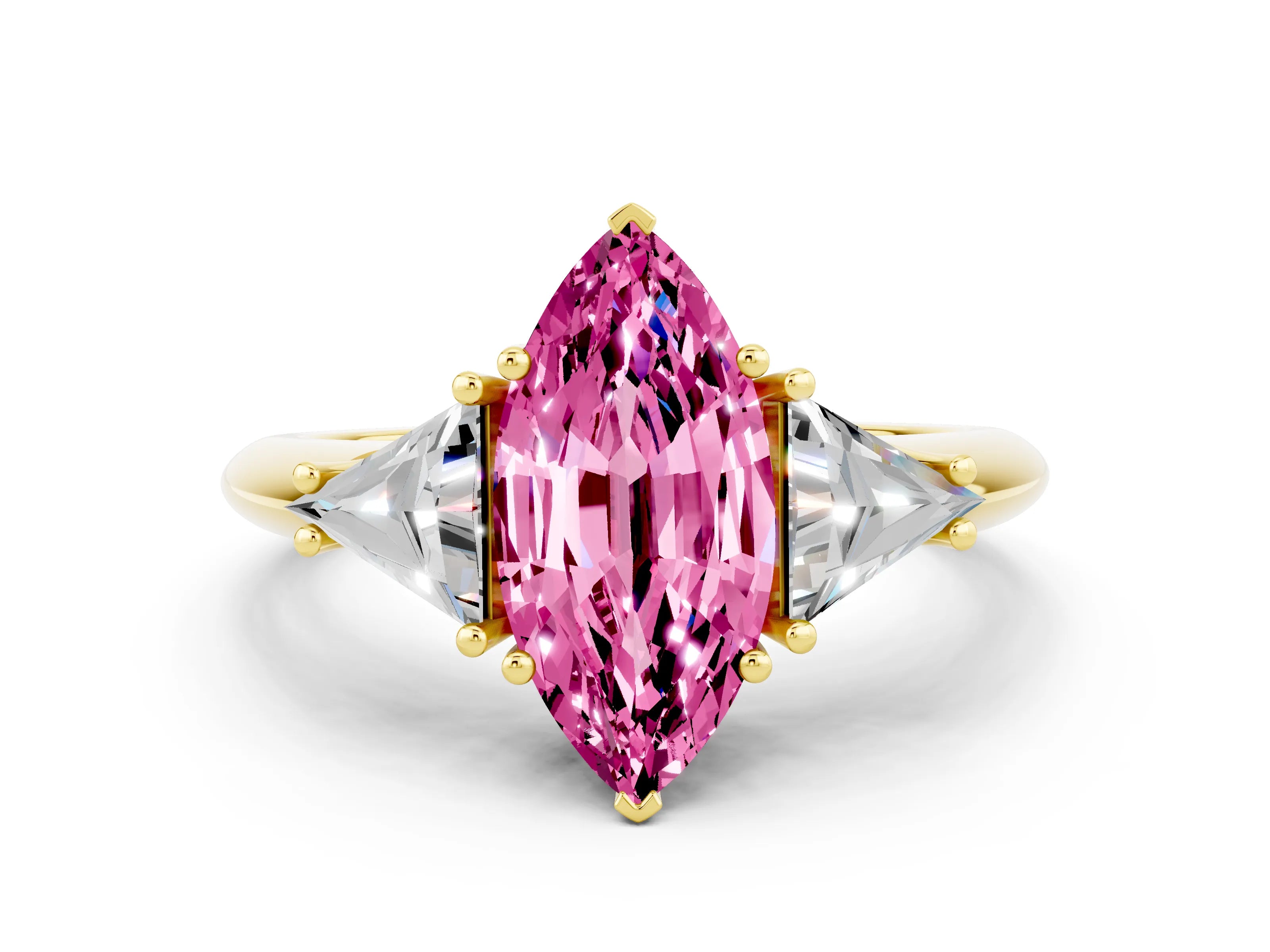 Yellow gold Three-Stone Marquise Cut Cut Diamond Ring with Trillion Side Stones and Four-Prong Setting