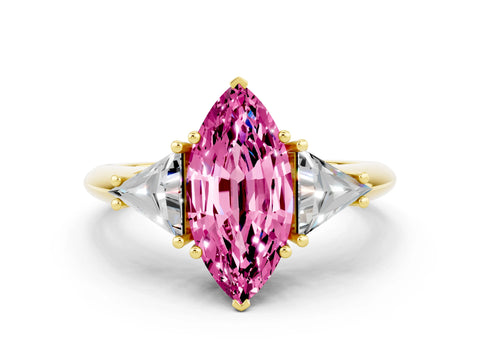 Yellow gold Three-Stone Marquise Cut Cut Diamond Ring with Trillion Side Stones and Four-Prong Setting