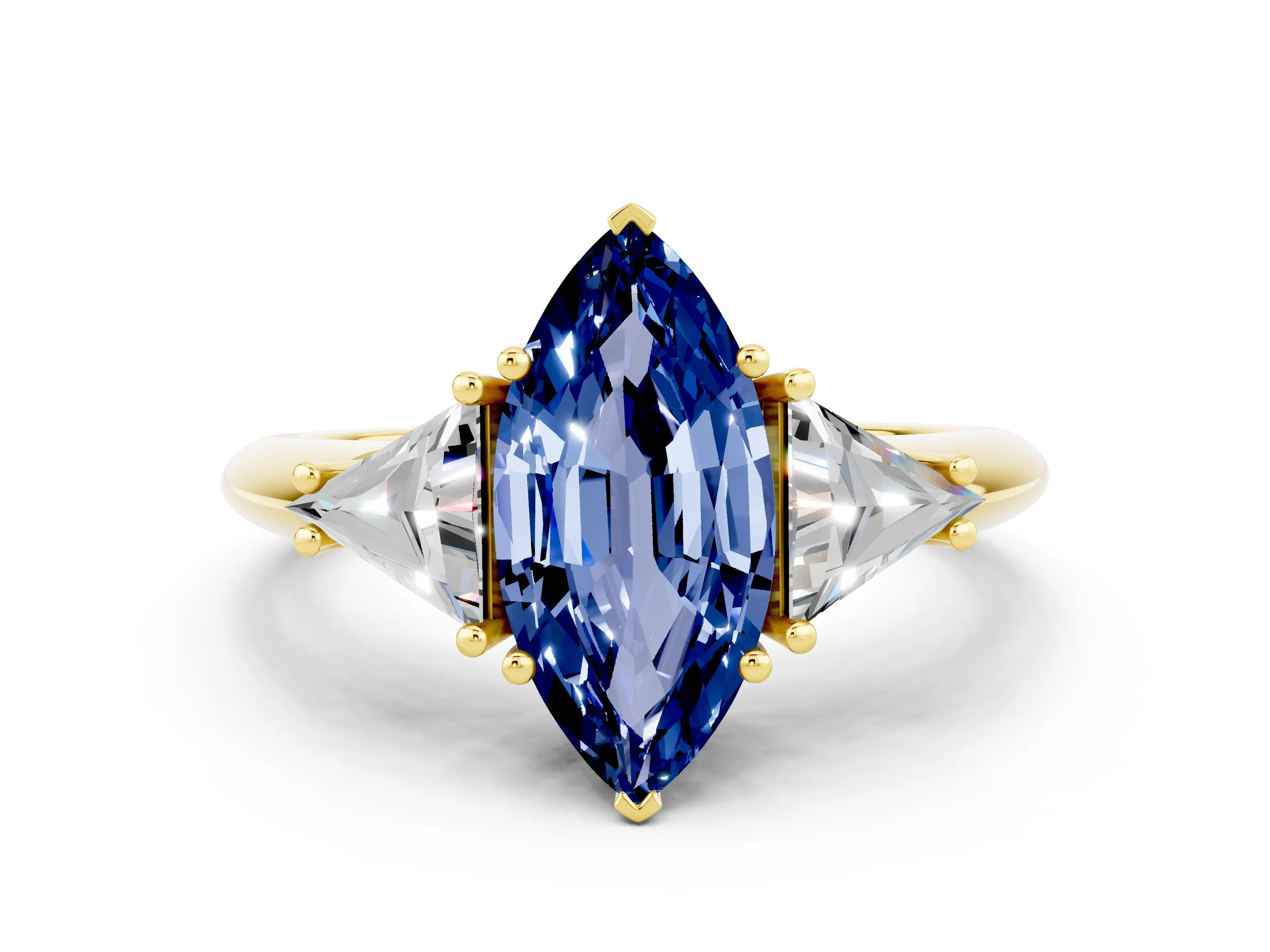 Yellow gold Three-Stone Marquise Cut Cut Diamond Ring with Trillion Side Stones and Four-Prong Setting