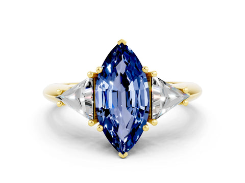 Yellow gold Three-Stone Marquise Cut Cut Diamond Ring with Trillion Side Stones and Four-Prong Setting