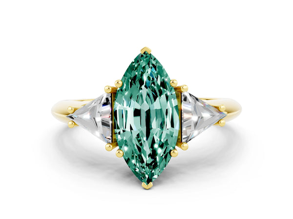 Yellow gold Three-Stone Marquise Cut Cut Diamond Ring with Trillion Side Stones and Four-Prong Setting