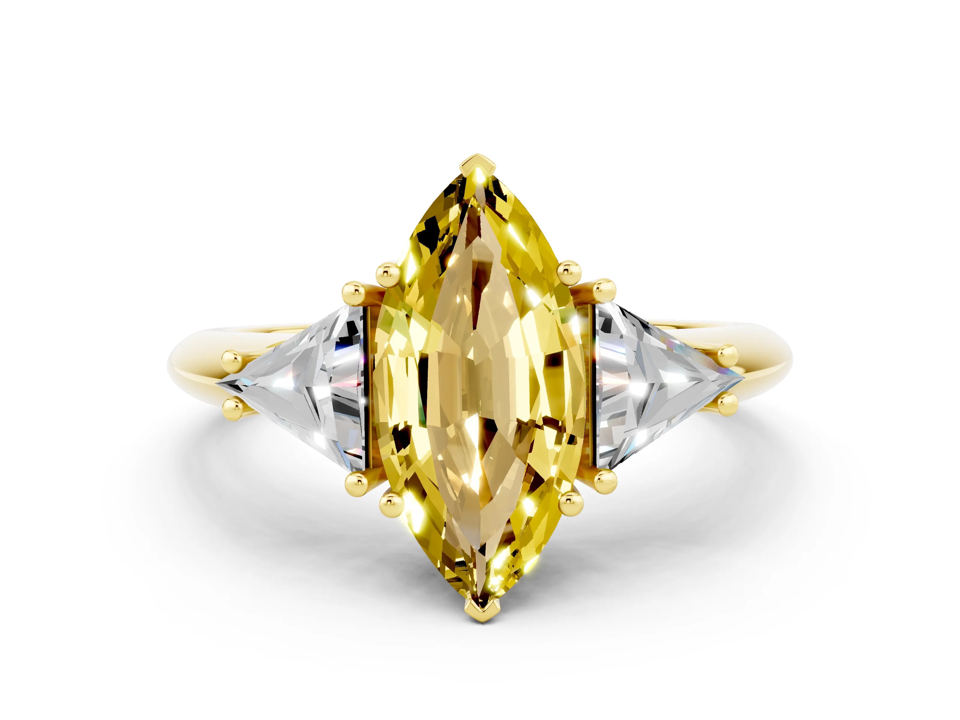 Yellow gold Three-Stone Marquise Cut Cut Diamond Ring with Trillion Side Stones and Four-Prong Setting