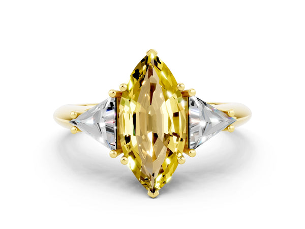Yellow gold Three-Stone Marquise Cut Yellow Sapphire Engagement Ring with Trillion Side Stones and Prong Setting