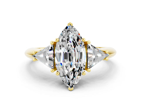Yellow gold Three-Stone Marquise Cut Cut Diamond Ring with Trillion Side Stones and Four-Prong Setting