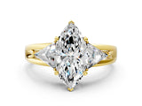 Yellow gold Three-Stone Marquise Cut Cut Diamond Ring with Trillion Side Stones on a Split Shank Band_9