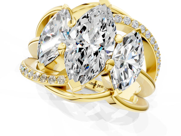 Yellow Gold Marquise Three Stone Engagement Ring Setting with Matching Sides and Pave Split Shank