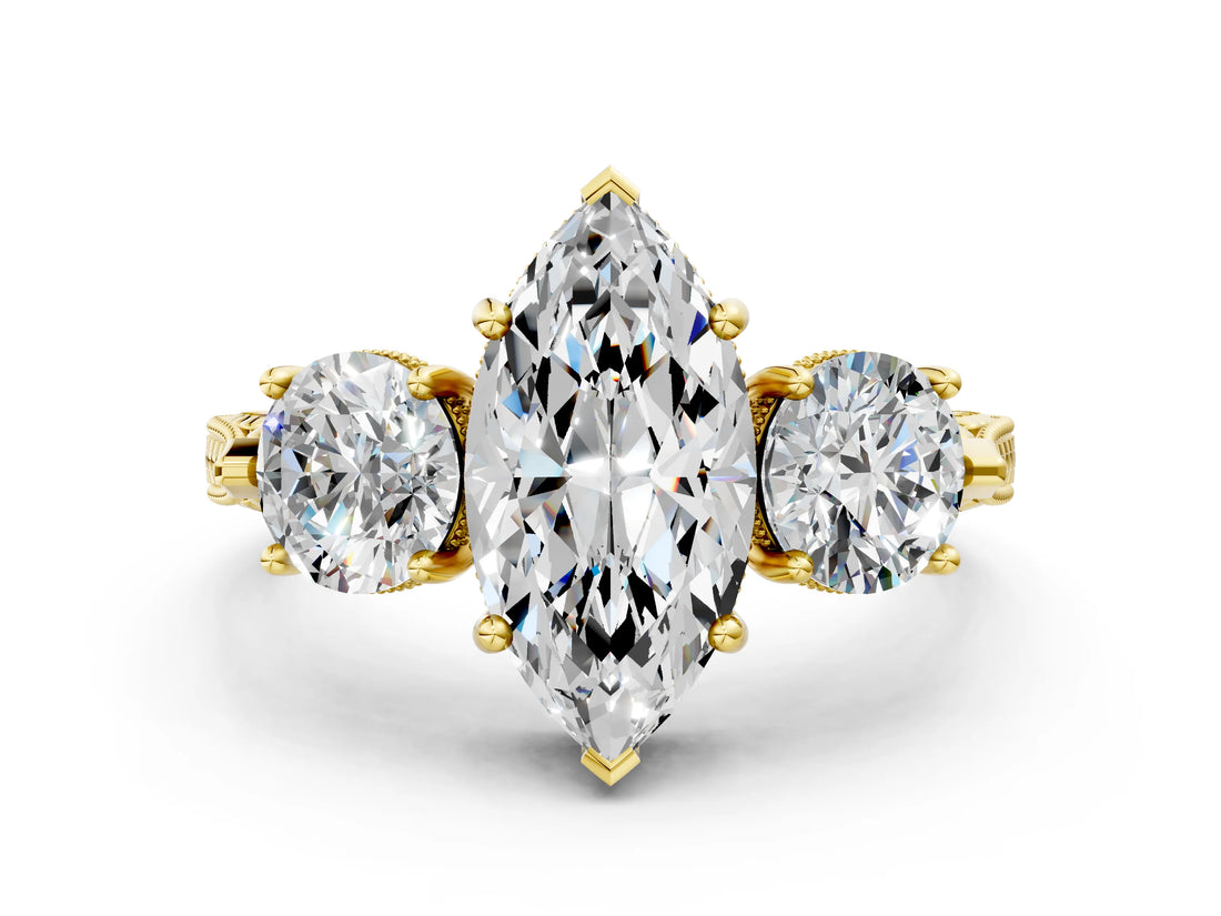 Yellow gold Three-Stone Marquise Cut Cut Milgrain Band Prong Setting Ring_13