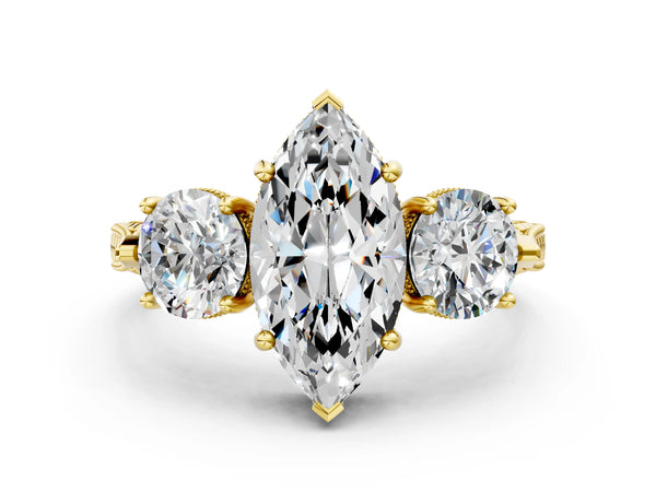 Yellow Gold Marquise Vintage Three Stone Engagement Ring Setting