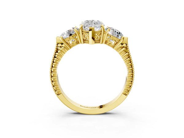 Yellow Gold Marquise Vintage Three Stone Engagement Ring Setting