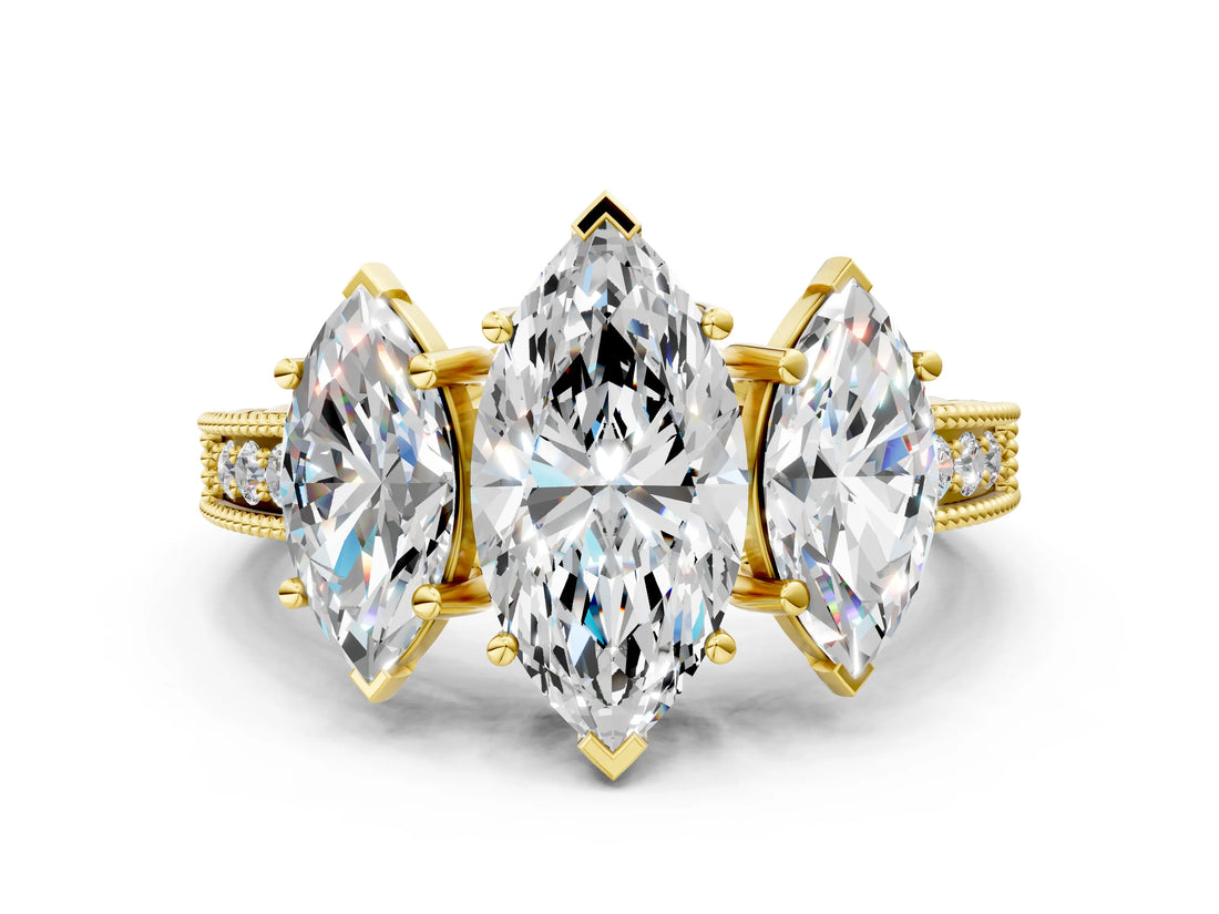 Yellow gold Three-Stone Marquise Cut Cut Milgrain Pavé Engagement Ring_15