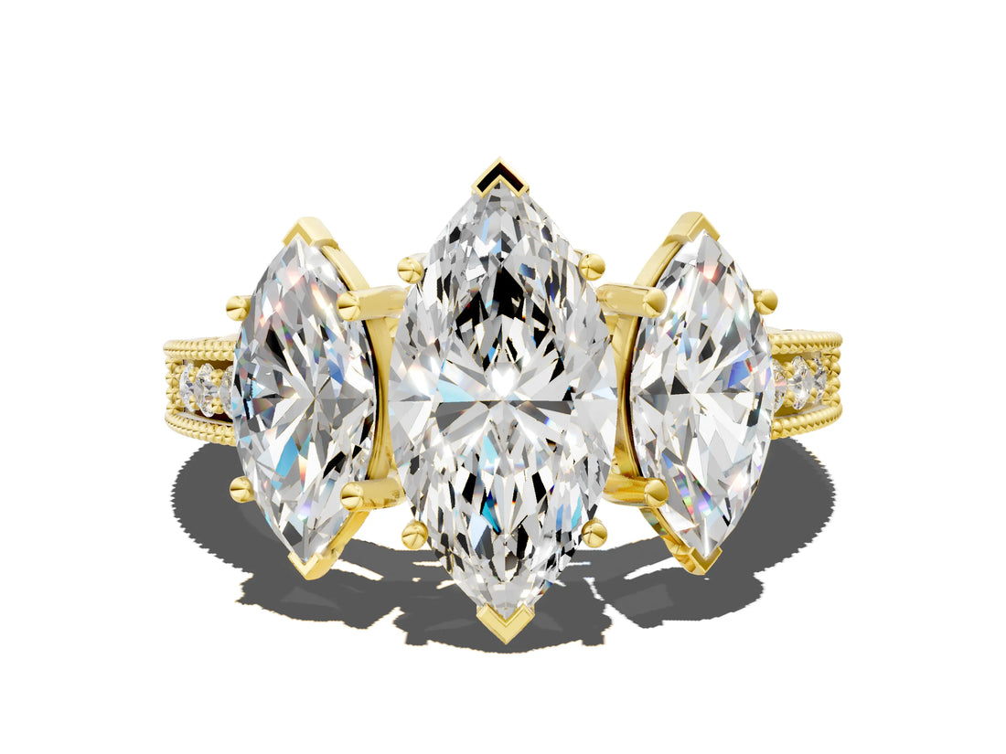 Yellow gold Three-Stone Marquise Cut Cut Milgrain Pavé Engagement Ring_3