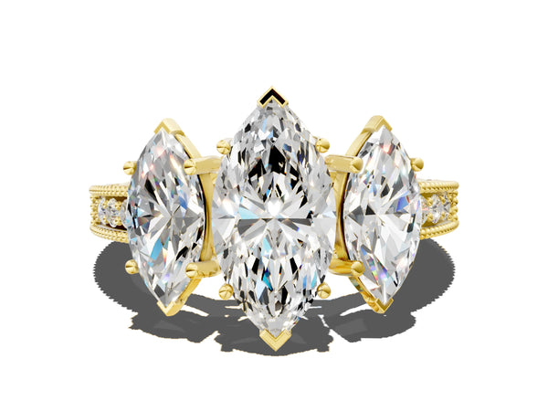 Yellow gold Three-Stone Marquise Cut Cut Milgrain Pavé Engagement Ring