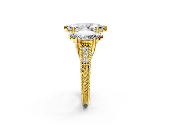 Yellow gold Three-Stone Marquise Cut Cut Milgrain Pavé Engagement Ring