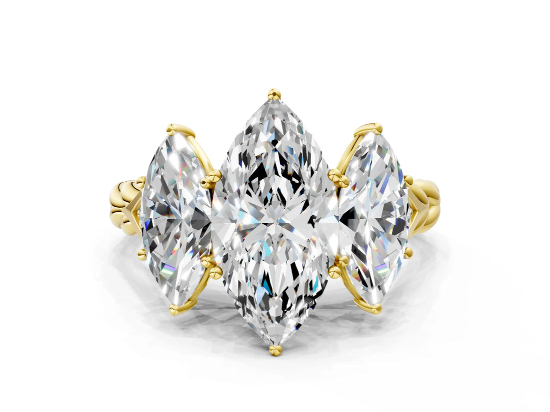 Yellow gold Three-Stone Marquise Cut Diamond Braided Band Ring with Four-Prong Setting_37