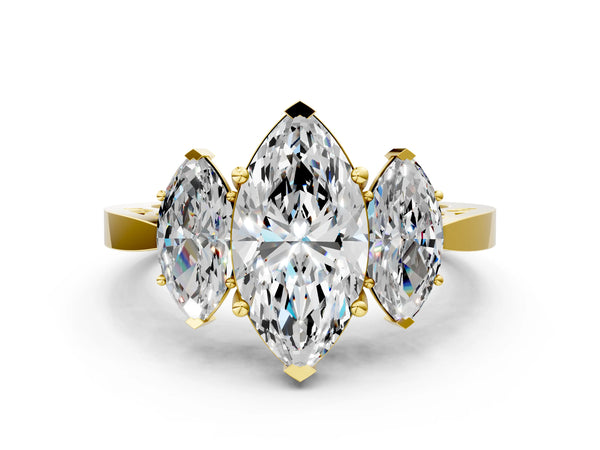 Yellow gold Three-Stone Marquise Cut Diamond Cathedral Engagement Ring with Prong Setting