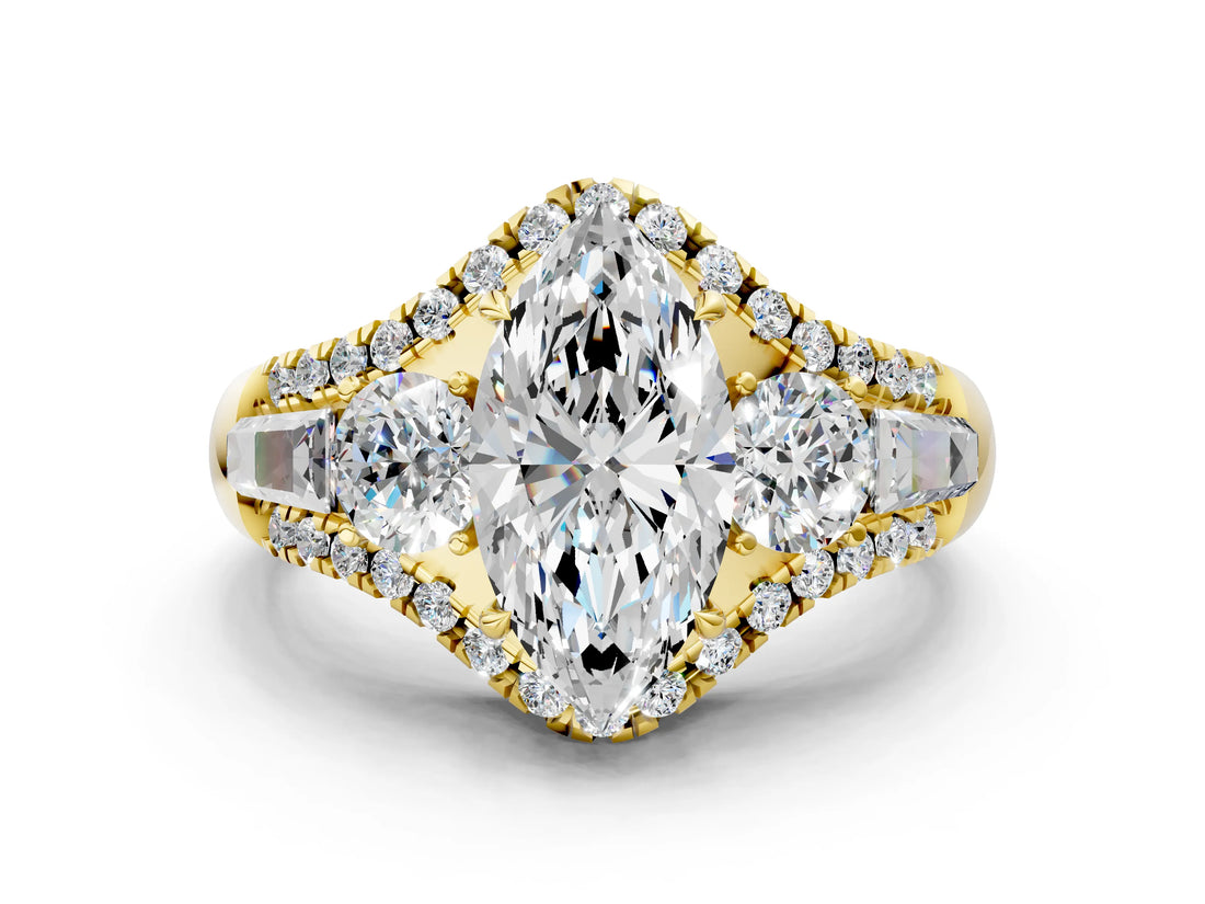 Yellow gold Three-Stone Marquise Cut Diamond Engagement Ring with Pave Band and Prong Setting_2