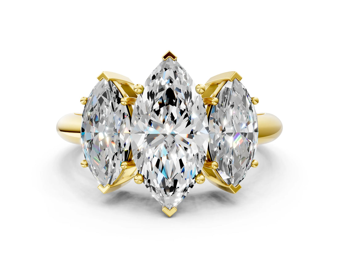 Yellow gold Three-Stone Marquise Cut Diamond Engagement Ring with Prong Setting on a White Gold Band_50