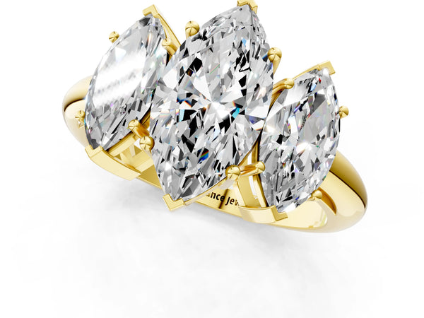 Yellow gold Three-Stone Marquise Cut Diamond Engagement Ring with Prong Setting on a White Gold Band