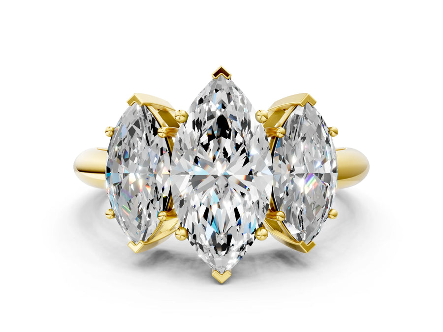 Yellow gold Three-Stone Marquise Cut Diamond Engagement Ring with Prong Setting on a White Gold Band