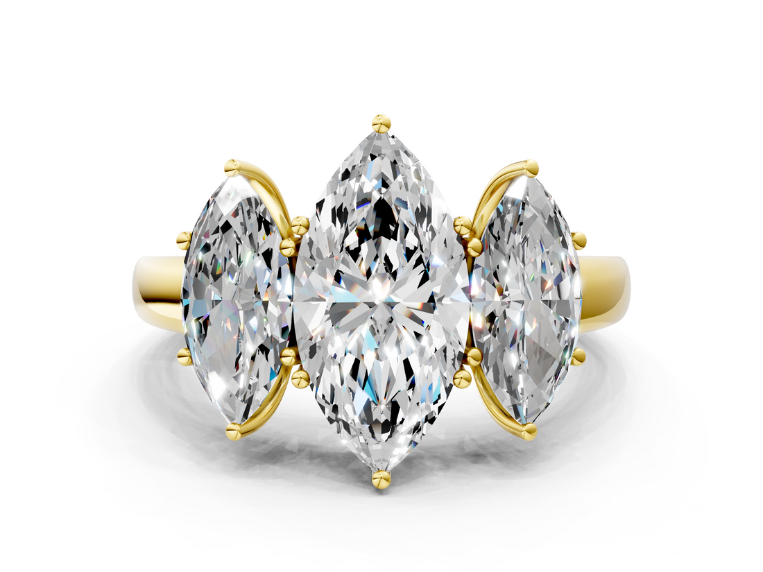 Yellow gold Three-Stone Marquise Cut Diamond Ring with Channel-Set Band and Four-Prong Setting_49