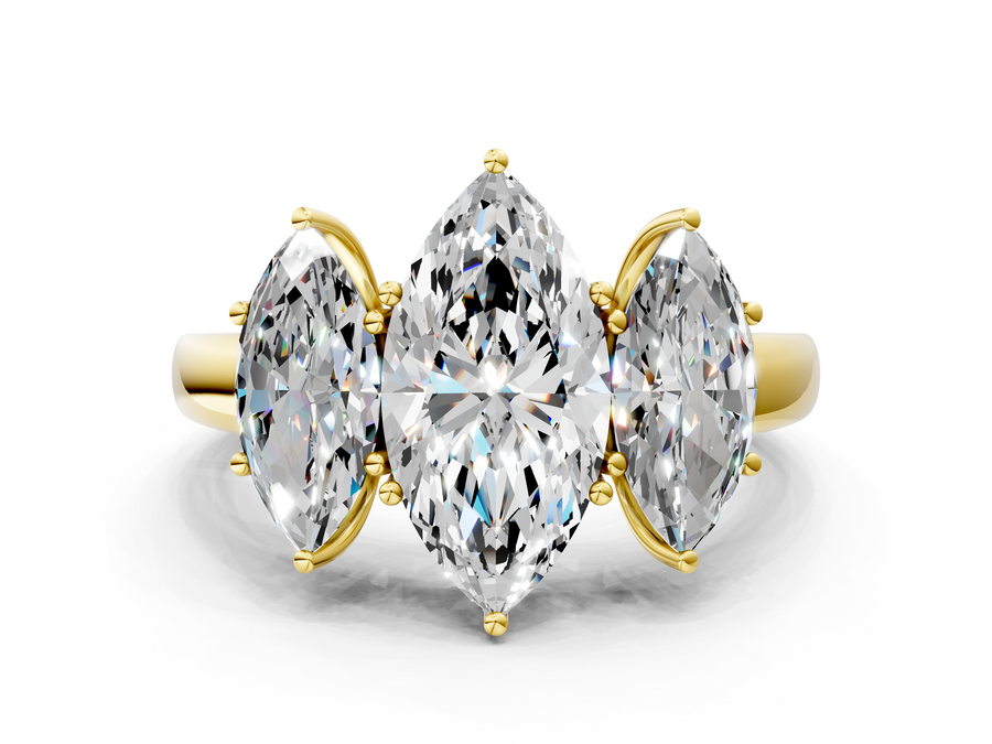 Yellow gold Marquise Cut Diamond Three-Stone Ring with Four-Prong Setting and Classic Band
