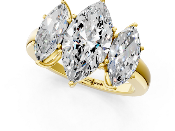 Yellow gold Marquise Cut Diamond Three-Stone Ring with Four-Prong Setting and Classic Band