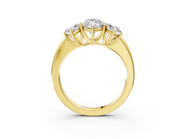 Yellow gold Marquise Cut Diamond Three-Stone Ring with Four-Prong Setting and Classic Band