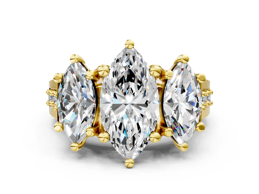 Yellow gold Three-Stone Marquise Cut Diamond Ring with Channel-Set Band and Four-Prong Setting_75