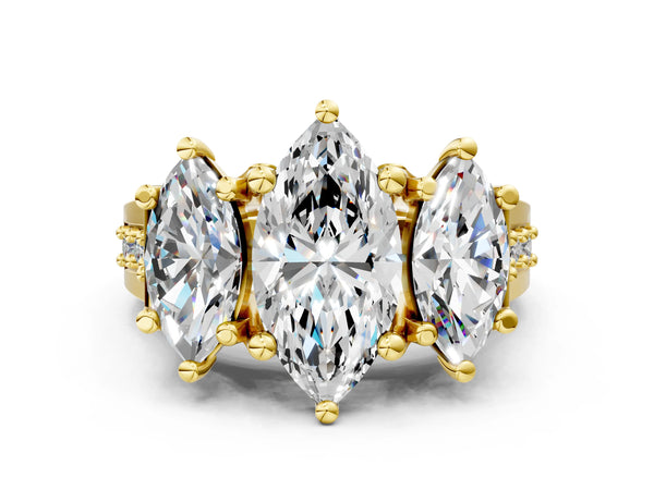 Yellow Gold Marquise Three Stone Pave Engagement Ring Setting with Near-Equal Side Stones