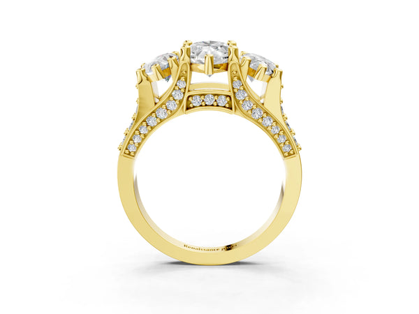 Yellow Gold Marquise Three Stone Pave Engagement Ring Setting with Near-Equal Side Stones