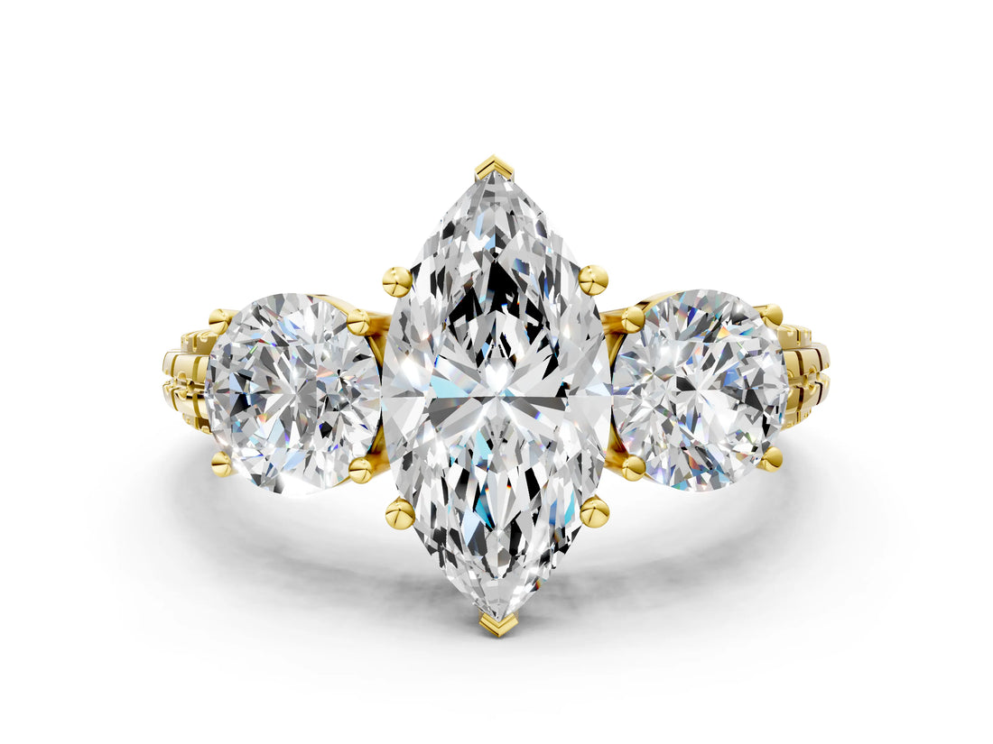 Yellow gold Three-Stone Marquise Cut Diamond Ring with Channel-Set Band and Prong Setting_6