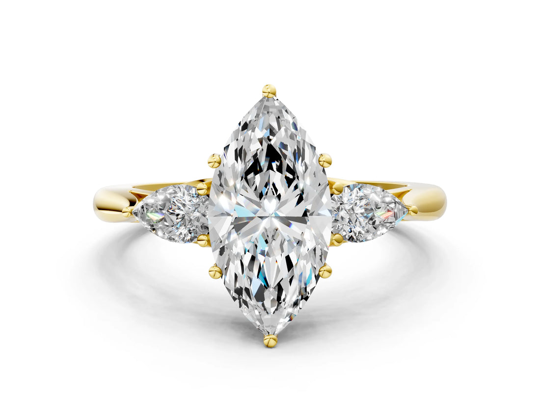 Yellow gold Three-Stone Marquise Cut Diamond Ring with Pear  Side Stones in Four-Prong Setting_12