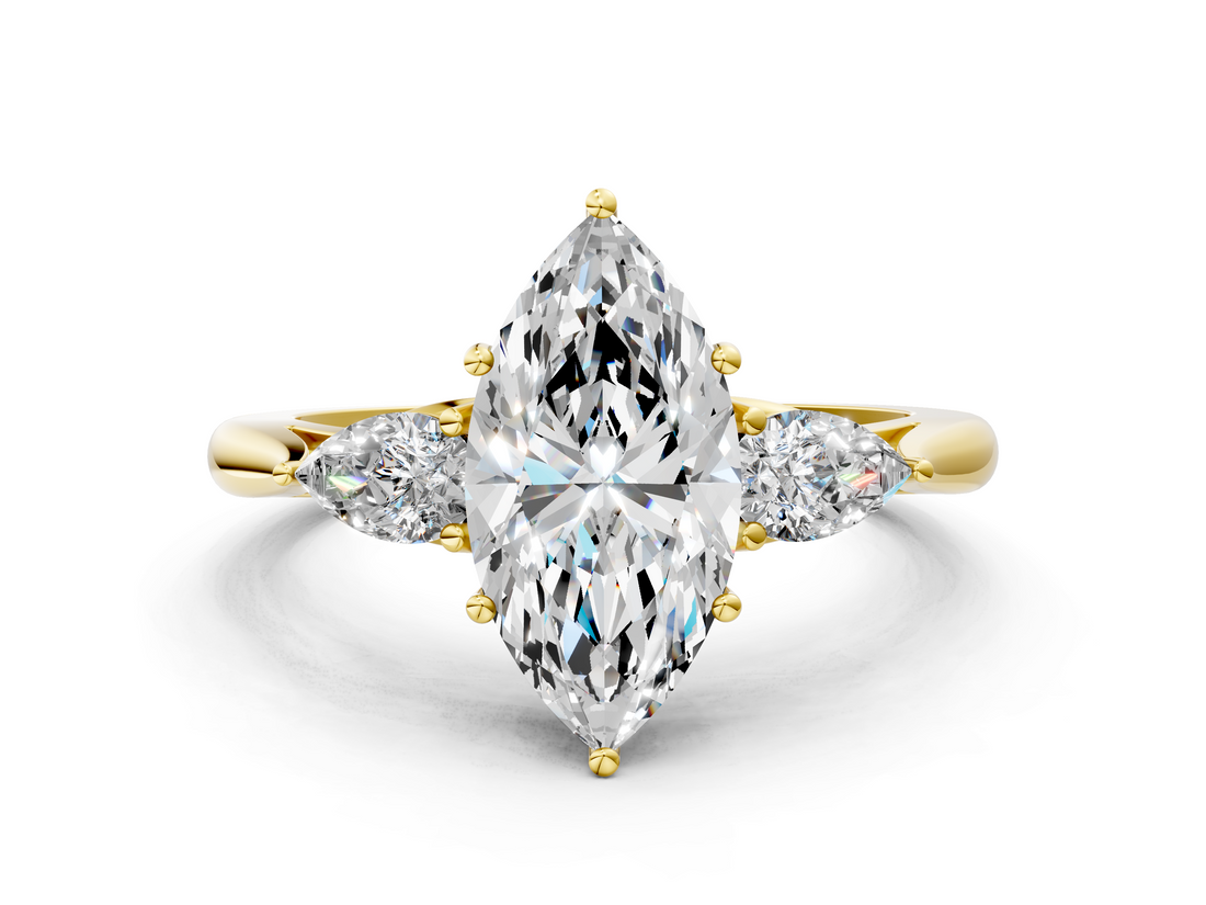 Yellow gold Three-Stone Marquise Cut Diamond Ring with Pear Side Stones in Four-Prong Setting_174