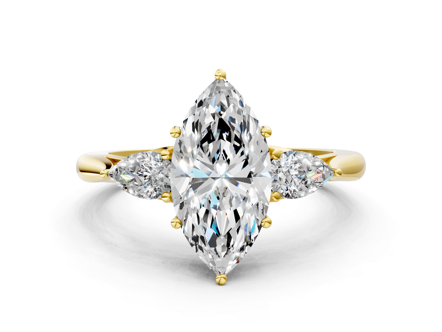 Yellow gold Three-Stone Marquise Cut Diamond Ring with Pear Side Stones in Four-Prong Setting