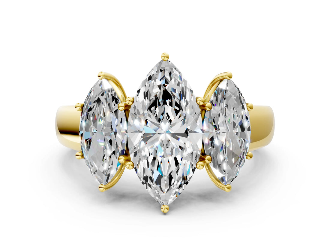 Yellow gold Three-Stone Marquise Cut Diamond Ring with Prong Setting and Classic Band_3