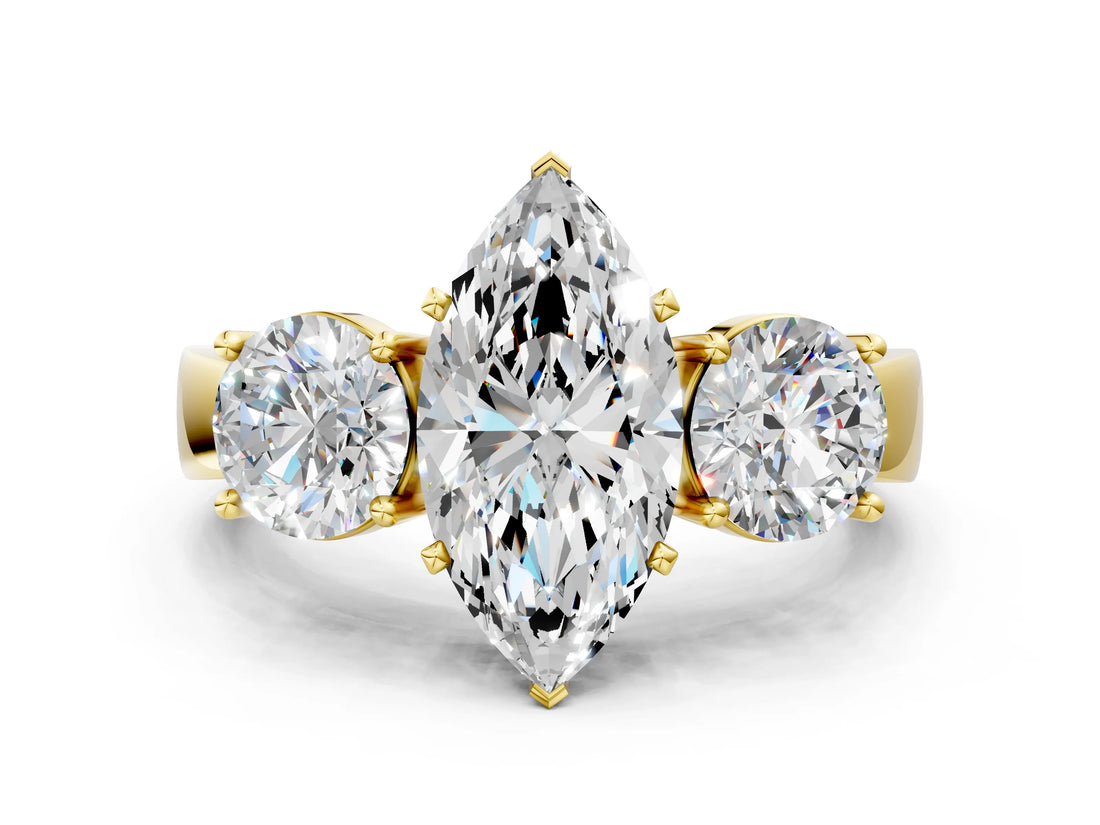 Yellow gold Three-Stone Marquise Cut Diamond Ring with Round Side Stones, Classic Band, and Four-Prong Setting_7