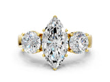Yellow gold Three-Stone Marquise Cut Diamond Ring with Round Side Stones, Classic Band, and Four-Prong Setting_7