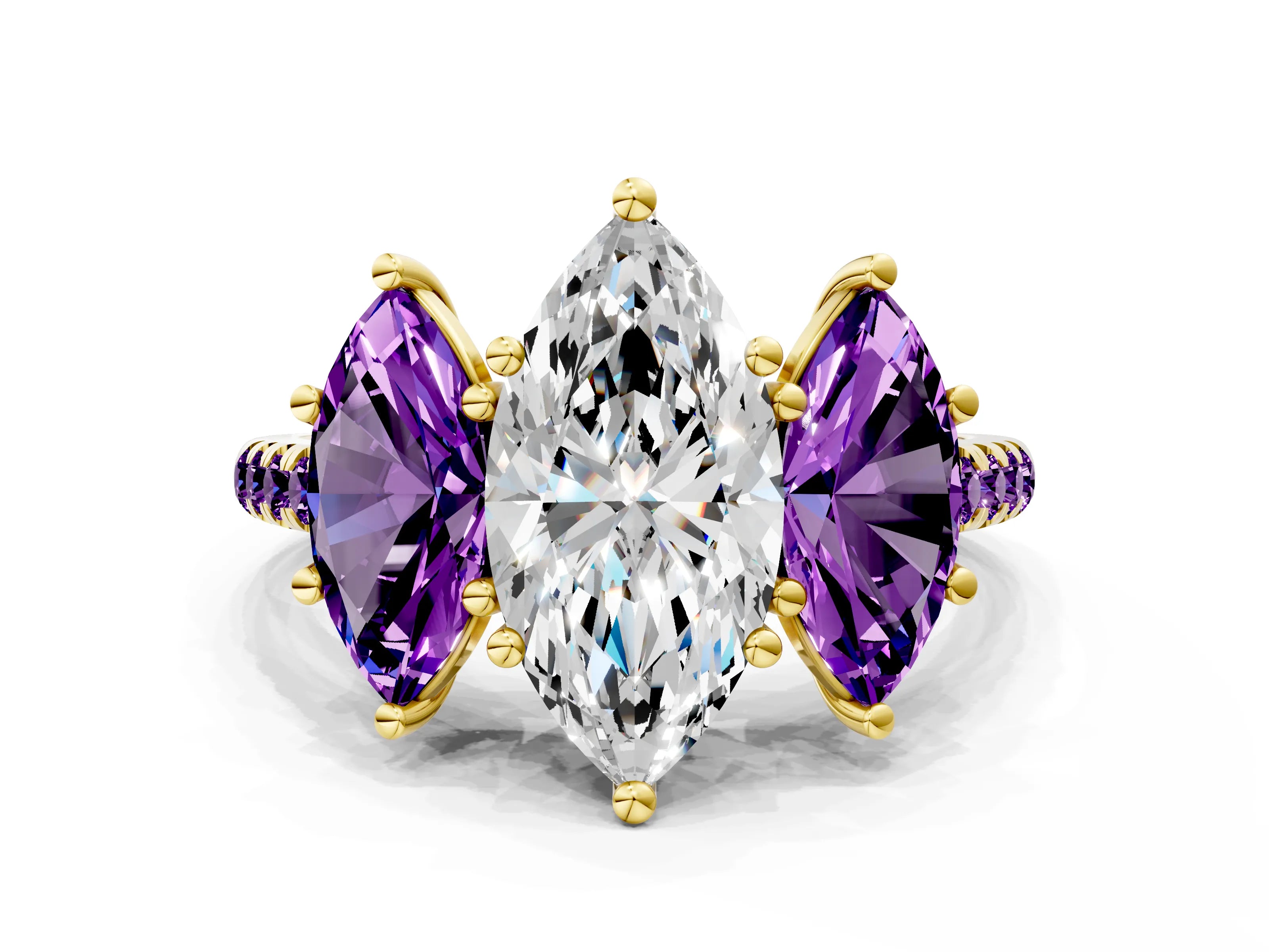 Yellow gold Three-Stone Marquise Cut Diamond Ring with Round with Amethyst side stone Pavé Band and Prong Setting