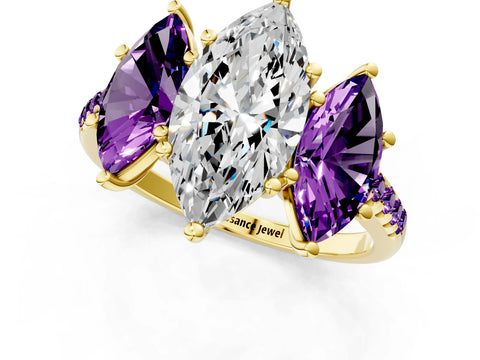 Yellow gold Three-Stone Marquise Cut Diamond Ring with Round with Amethyst side stone Pavé Band and Prong Setting_1
